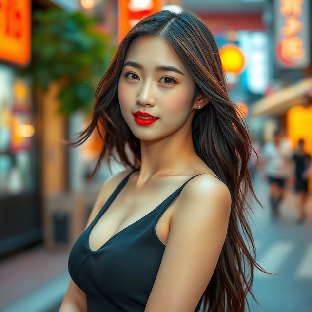 A 25-year-old Korean woman with a provocative face and sexy lips, wearing a short and form-fitting dress that accentuates her curves