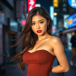A 25-year-old Korean woman with a provocative face and sexy lips, wearing a short and form-fitting dress that accentuates her curves