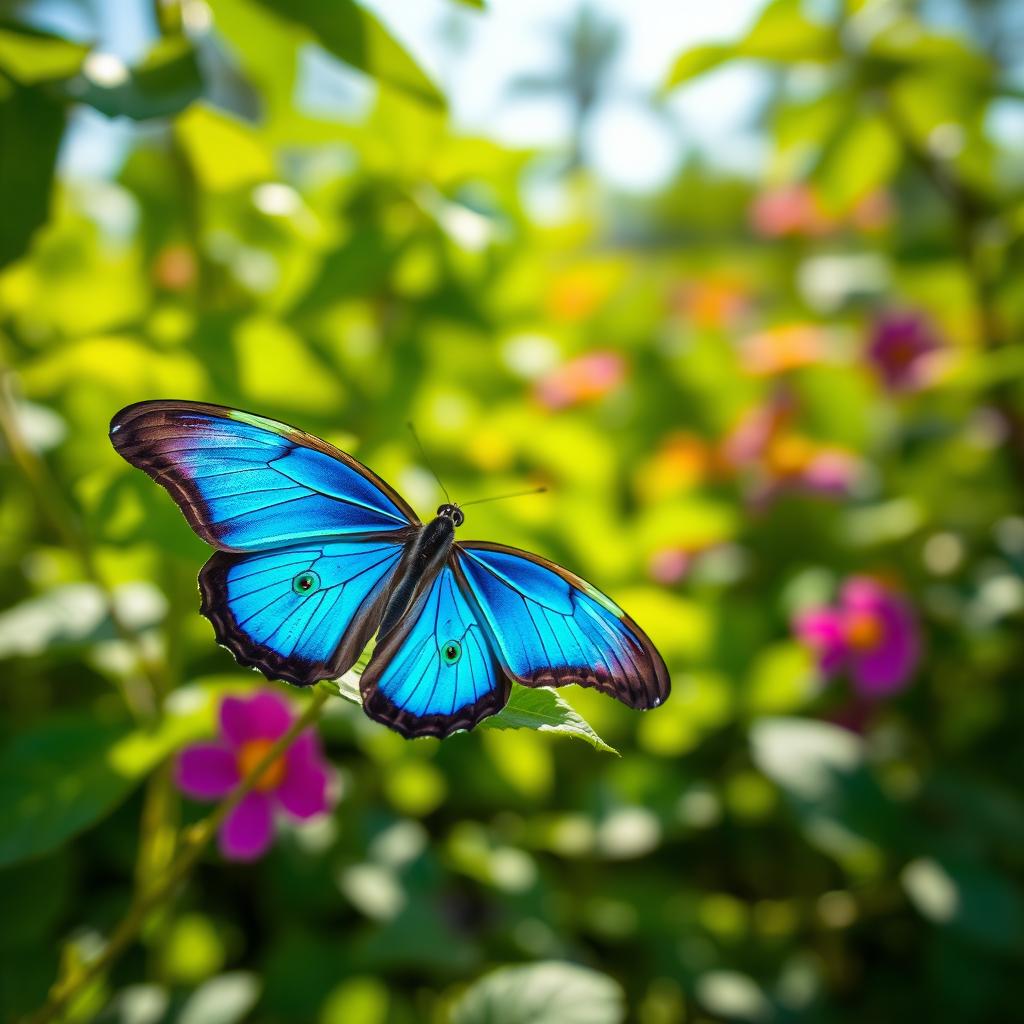 A stunning blue butterfly with vibrant green eyes, resting delicately on a leaf