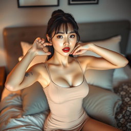A 20-year-old Korean woman with a provocative face and sexy lips, wearing a short, tight dress with thin straps