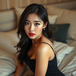 A 20-year-old Korean woman with a provocative face and sexy lips, wearing a short, tight dress with thin straps
