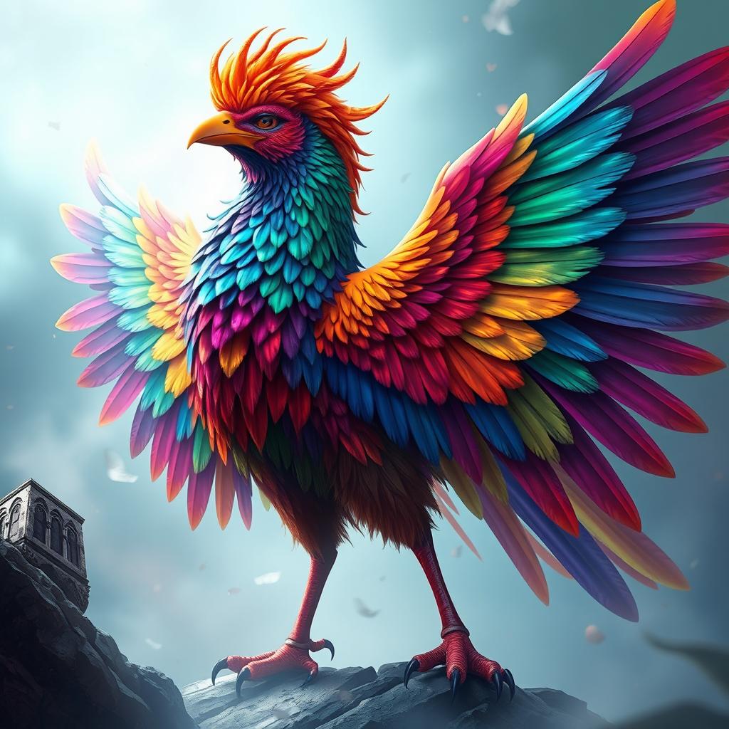 A vibrant and majestic Simurgh, a mythical Persian bird, depicted in stunning colorful digital art