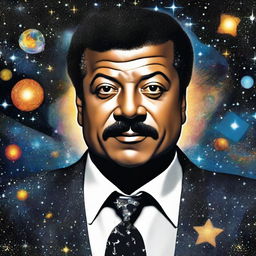 A life-like portrait of Neil DeGrasse Tyson, well-known astrophysicist, positioned in front of a background filled with stars and cosmic visuals