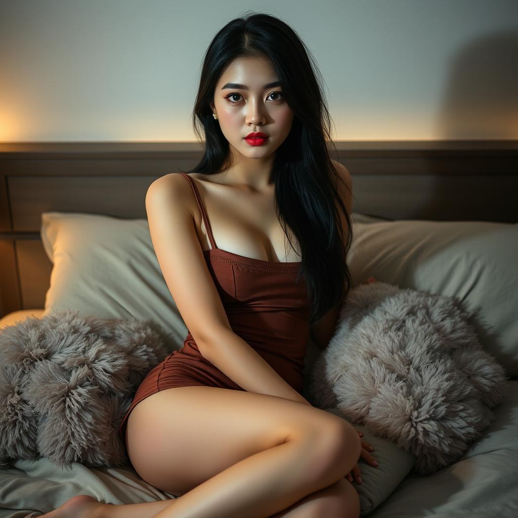 A 20-year-old Korean woman with a provocative face and sexy lips, dressed in a short, tight dress with thin straps