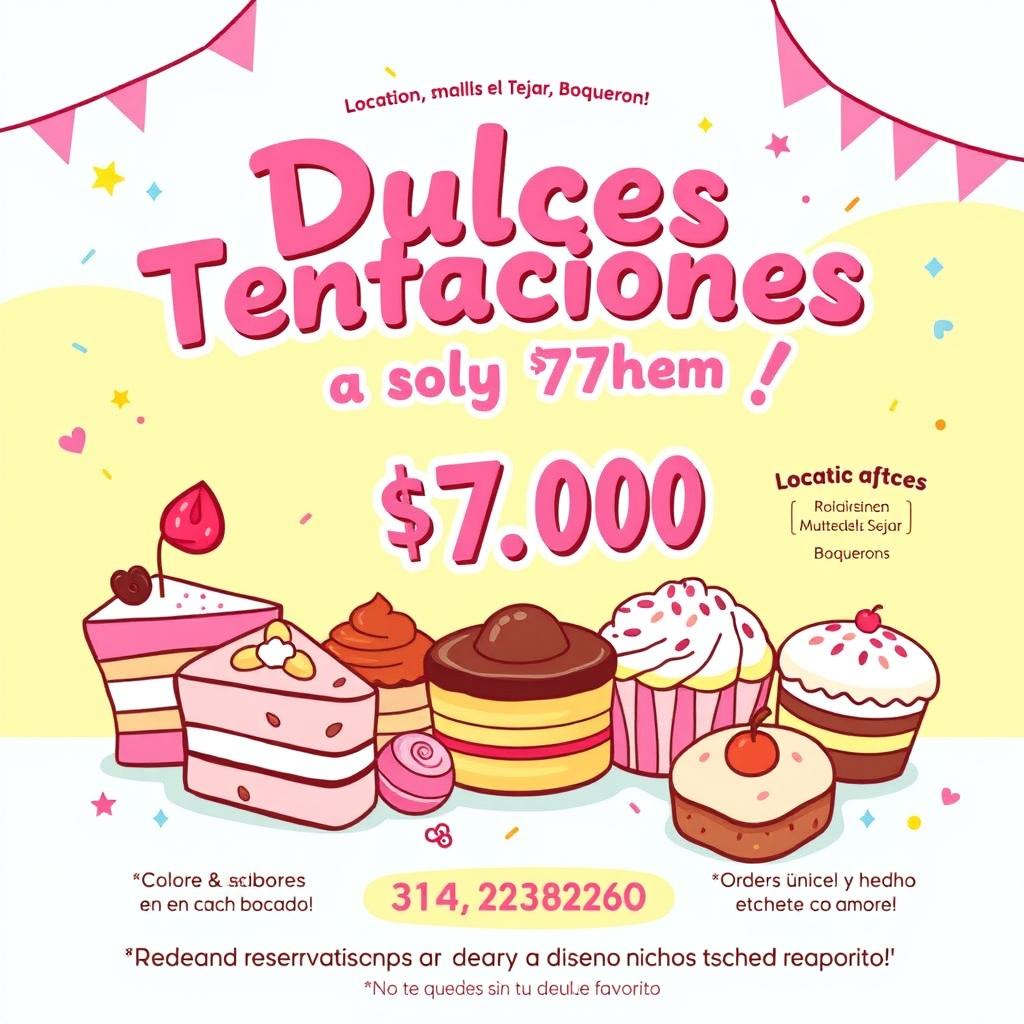 A vibrant and colorful poster for selling affordable desserts, featuring the catchy title '**¡Dulces Tentaciones a Solo $7