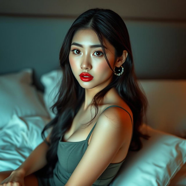 A 20-year-old Korean woman with a provocative face and sexy lips, dressed in a short, form-fitting dress with thin straps