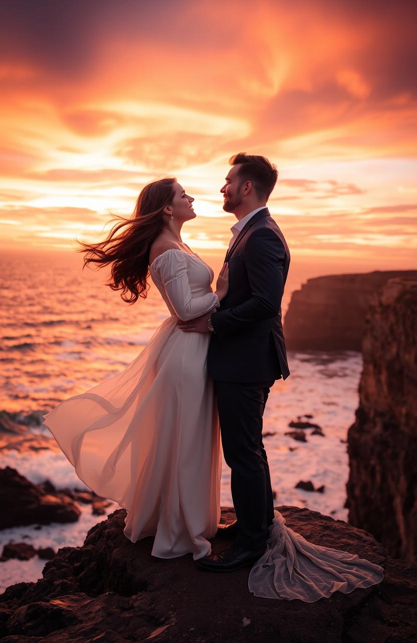 A romantic couple standing on a cliff during sunset, gazing into each other's eyes with love and desire