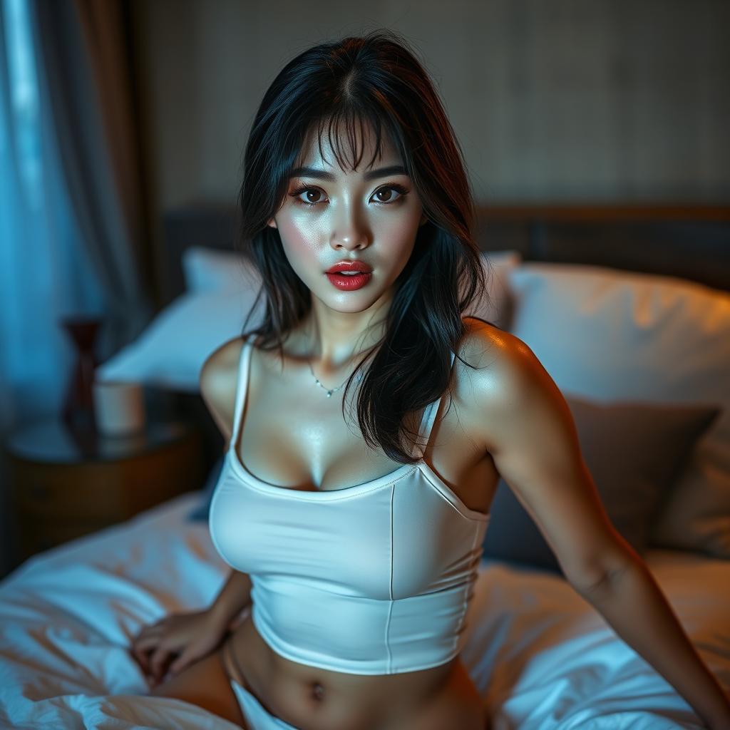 A beautiful 20-year-old Korean woman with a provocative face and sexy lips, wearing a short and tight camisole with thin straps
