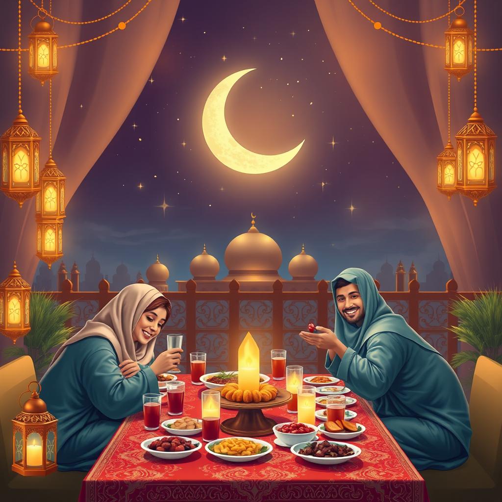 A peaceful and serene Ramadan scene featuring a beautifully decorated table filled with traditional foods and drinks, softly lit by lanterns