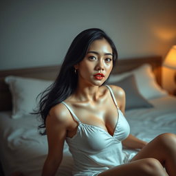 A captivating 20-year-old Korean woman with a provocative face and sexy lips, wearing a short, fitted nightgown with thin straps