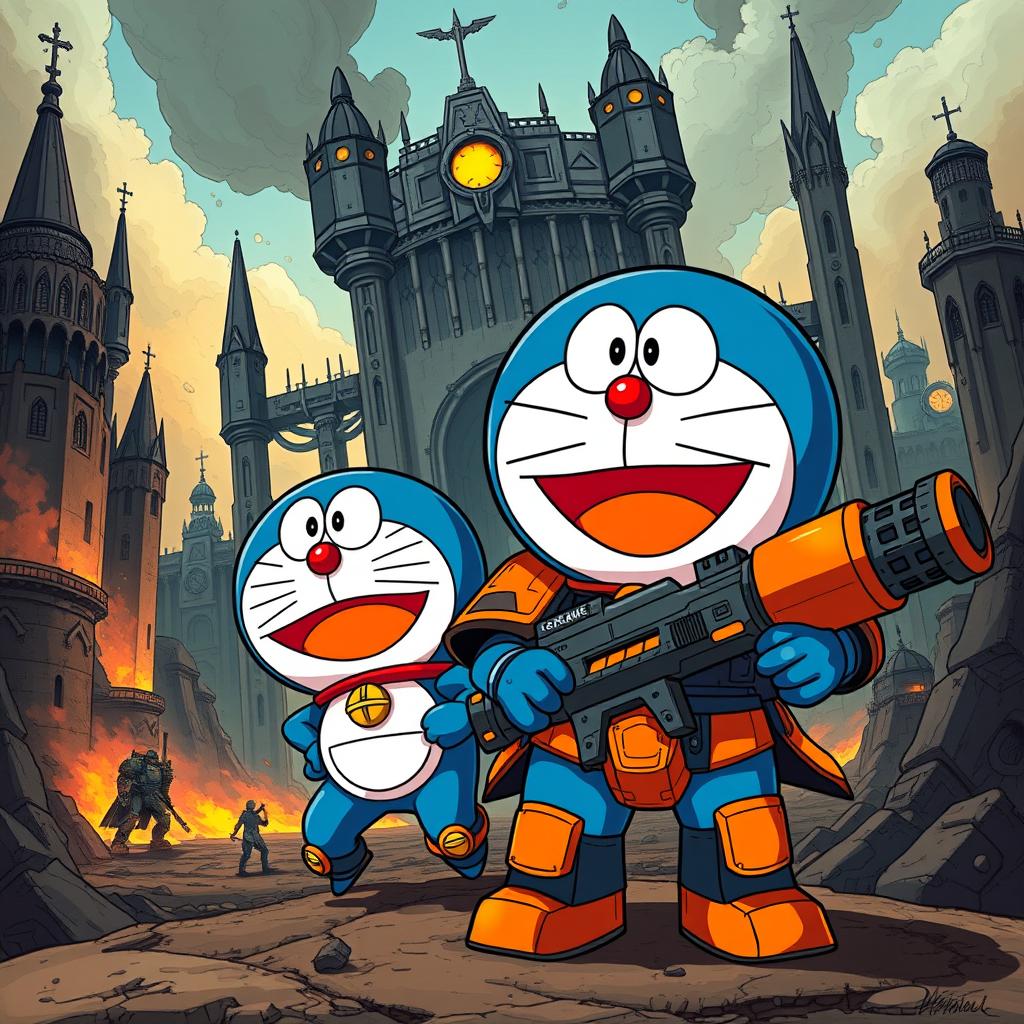 A vibrant and detailed illustration of a crossover between Doraemon and the Warhammer 40k universe
