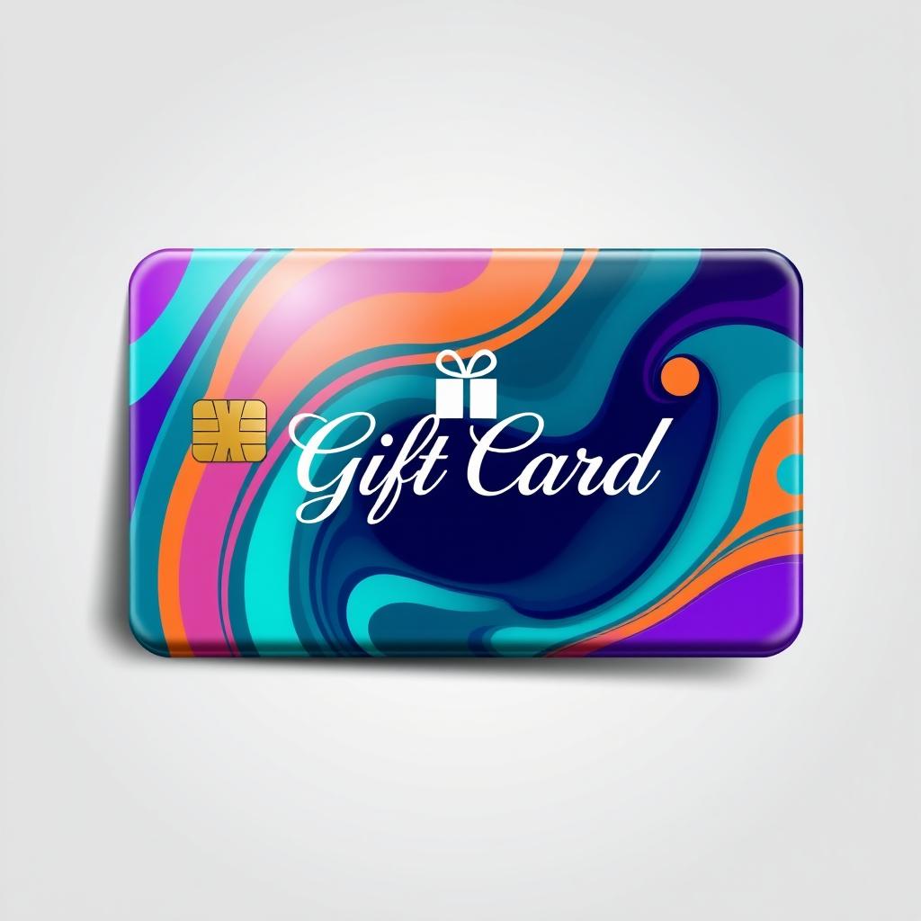 An artistic interpretation of a gift card designed to be the same size as a standard bank card, featuring a vibrant and colorful design