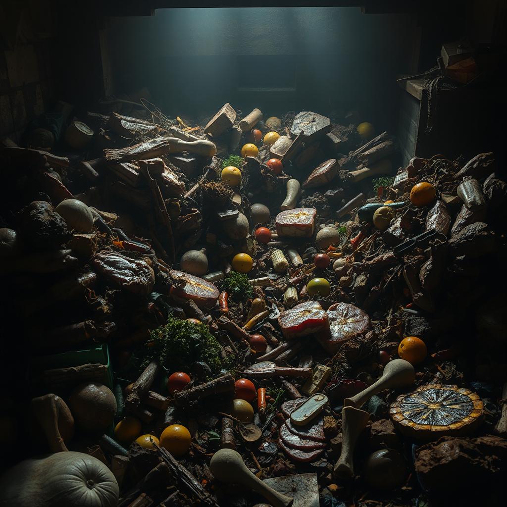A stark and unsettling depiction of a world without refrigeration, showcasing a chaotic scene of spoiled and decaying food items