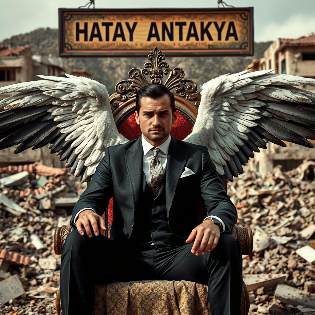 A very handsome man in a tailored suit with wings, seated on a throne amidst a backdrop of collapsed houses from an earthquake