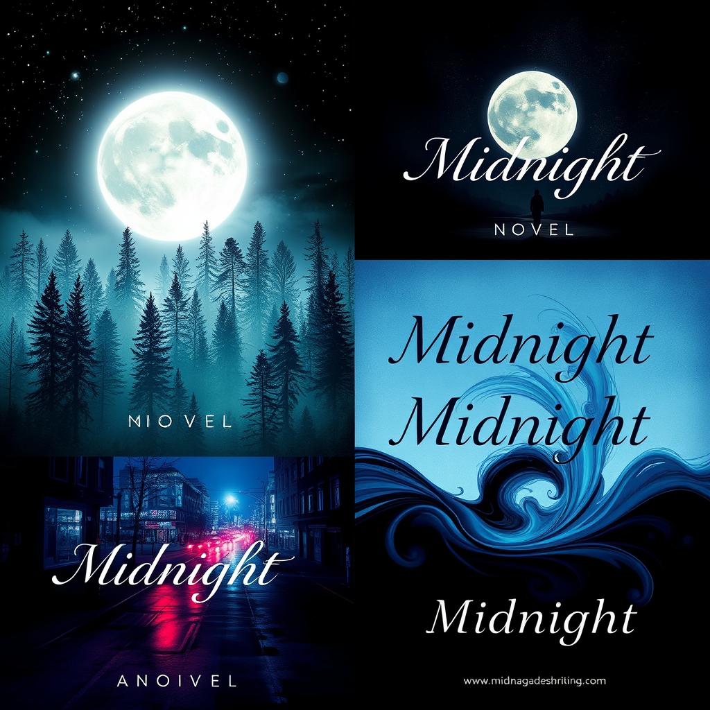 Various artistic book covers for a novel titled 'Midnight'