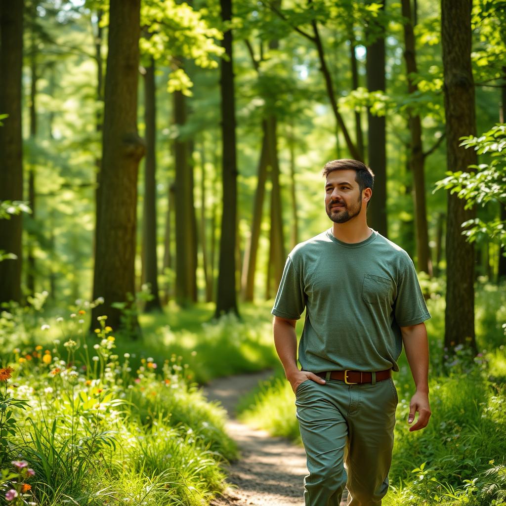 A 47-year-old man with a normal figure, short dark hair, and a round shaved face walking through a serene forest setting