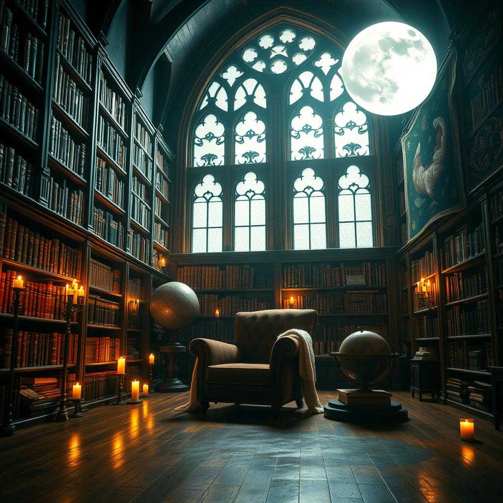 A mystical, enchanting library set in the middle of the night, illuminated by soft, glowing candles and a bright full moon shining through large, arched windows