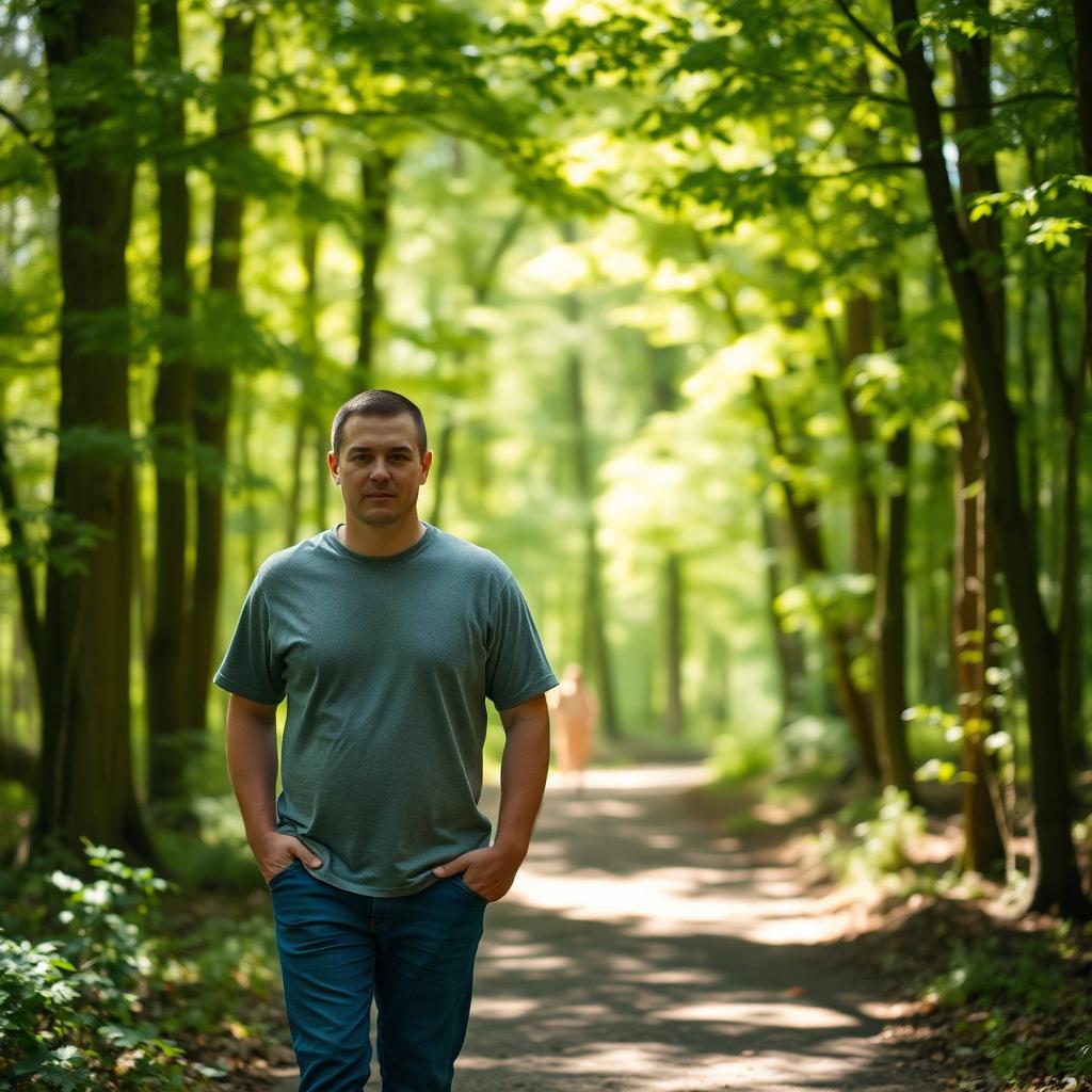 A 47-year-old man with a normal figure, short dark hair, and a round shaved face, walking in a serene forest