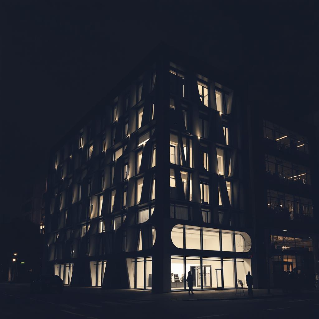 A modern architectural building at night, softly illuminated by dim ambient lights that cast gentle shadows, showcasing the intricate design of the façade