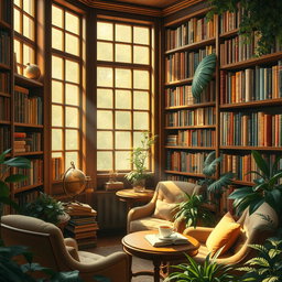 A cozy, inviting book library filled with wooden shelves lined with a vast collection of colorful books and floral decorations