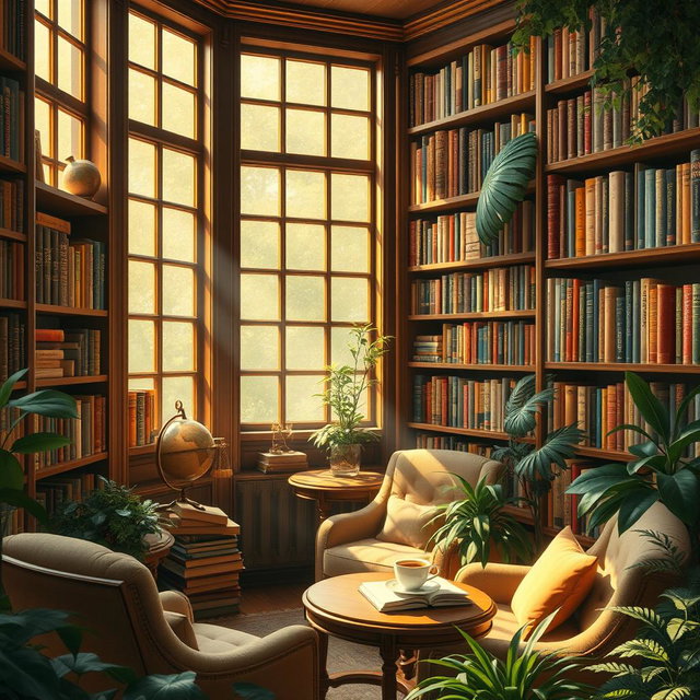 A cozy, inviting book library filled with wooden shelves lined with a vast collection of colorful books and floral decorations