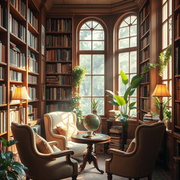 A cozy, inviting book library filled with wooden shelves lined with a vast collection of colorful books and floral decorations