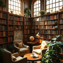 A cozy, inviting book library filled with wooden shelves lined with a vast collection of colorful books and floral decorations
