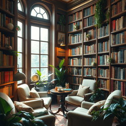A cozy, inviting book library filled with wooden shelves lined with a vast collection of colorful books and floral decorations