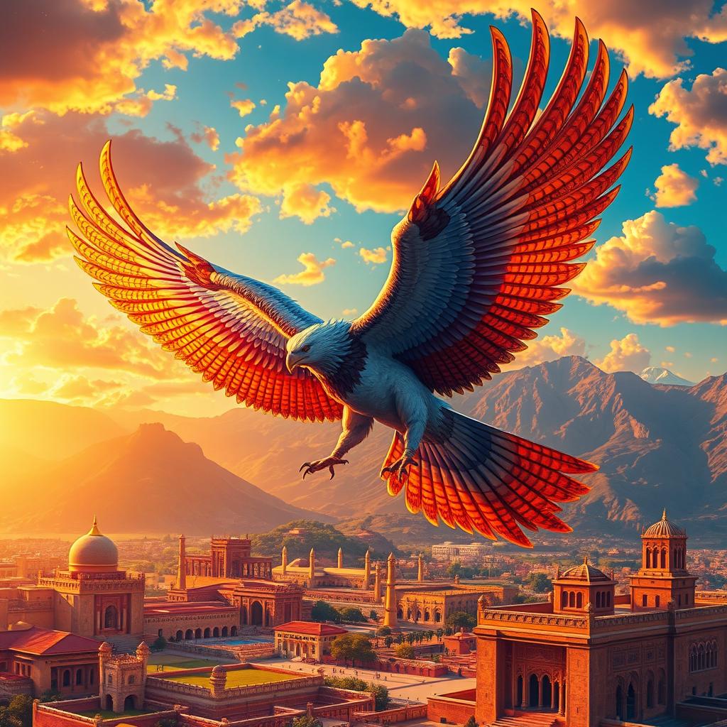 A majestic Persian Simurgh soaring through a vibrant sky over ancient Persia, showcasing intricate detailing of its feathers and wings