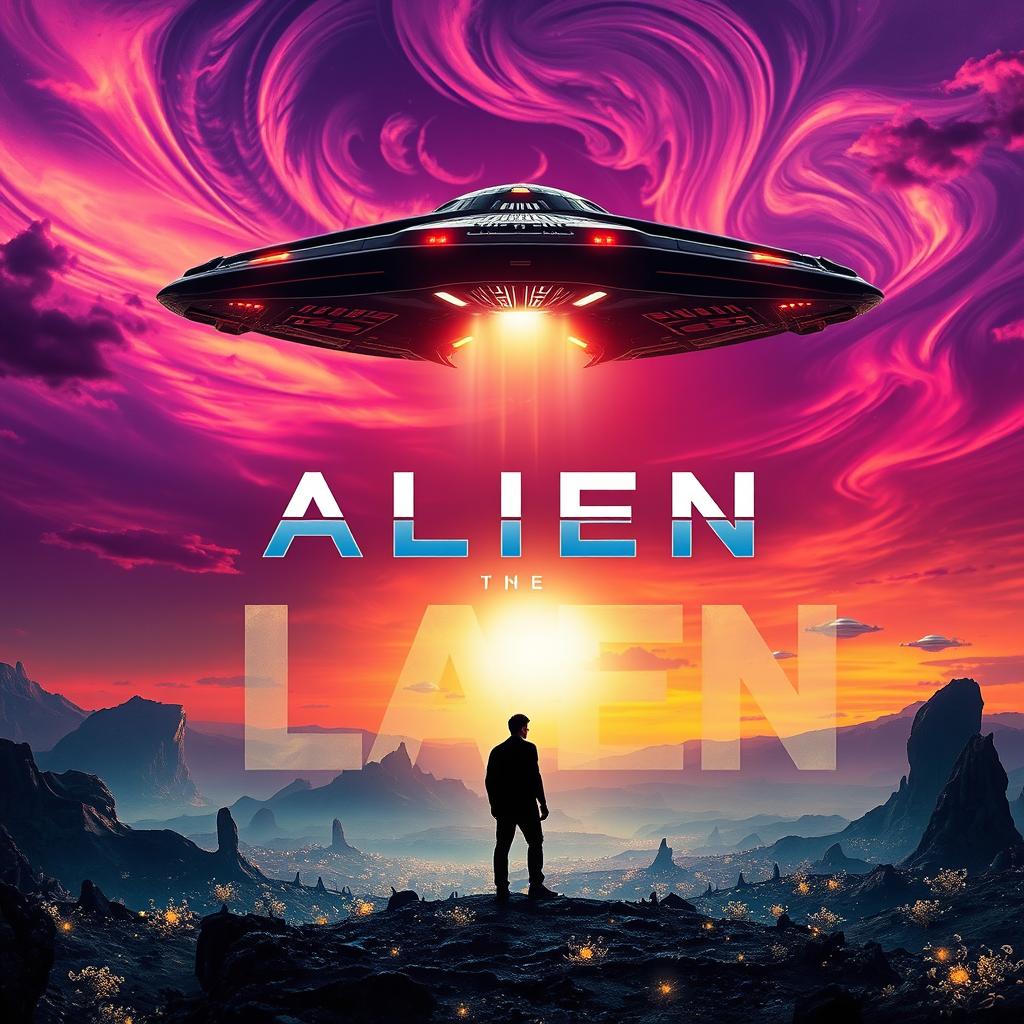 A dramatic and captivating movie poster featuring a sleek alien spaceship landing on an extraterrestrial landscape at sunset