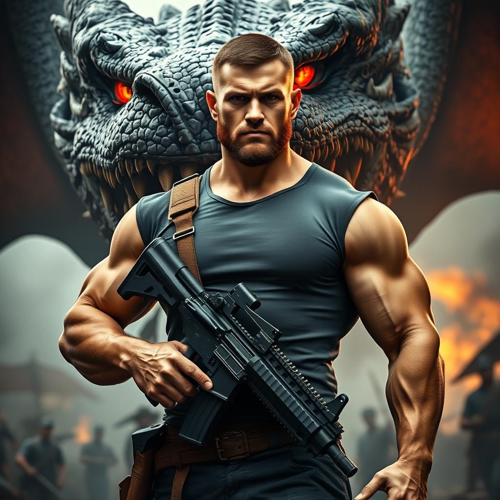 A fierce Ukrainian warrior standing proudly, showcasing a powerful physique comparable to that of a bodybuilder