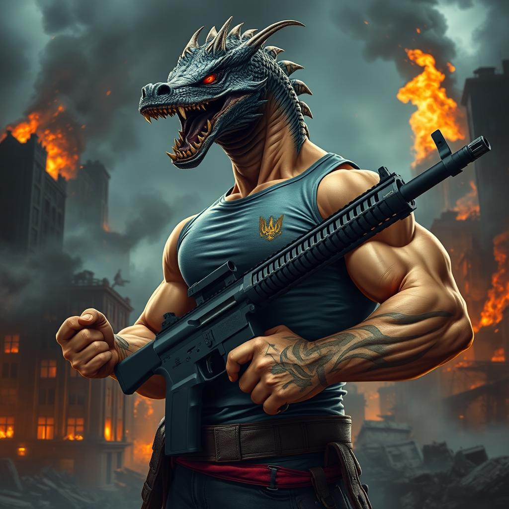 A fierce Ukrainian warrior with a muscular physique, instead of a human head, he has the head of an evil dragon