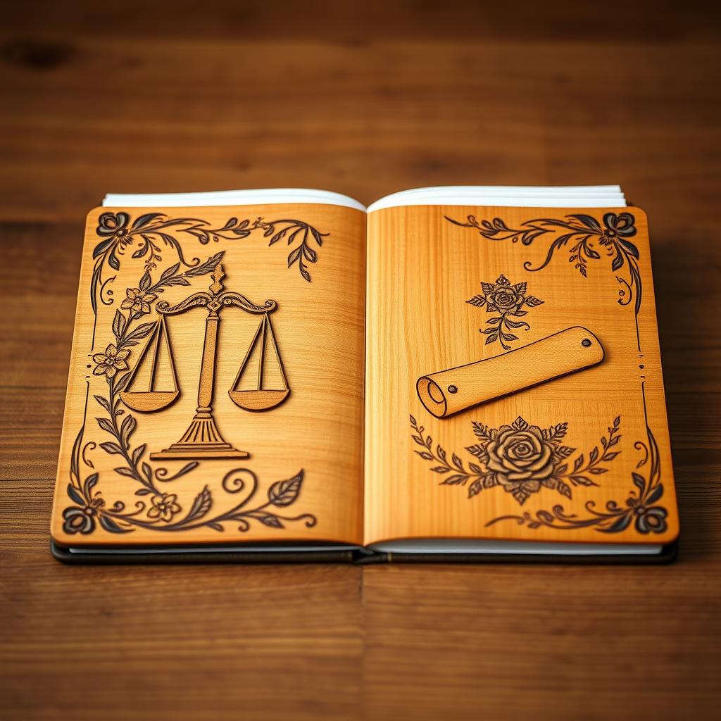 A beautifully crafted wooden notebook featuring intricate carvings related to the theme of law and advocacy