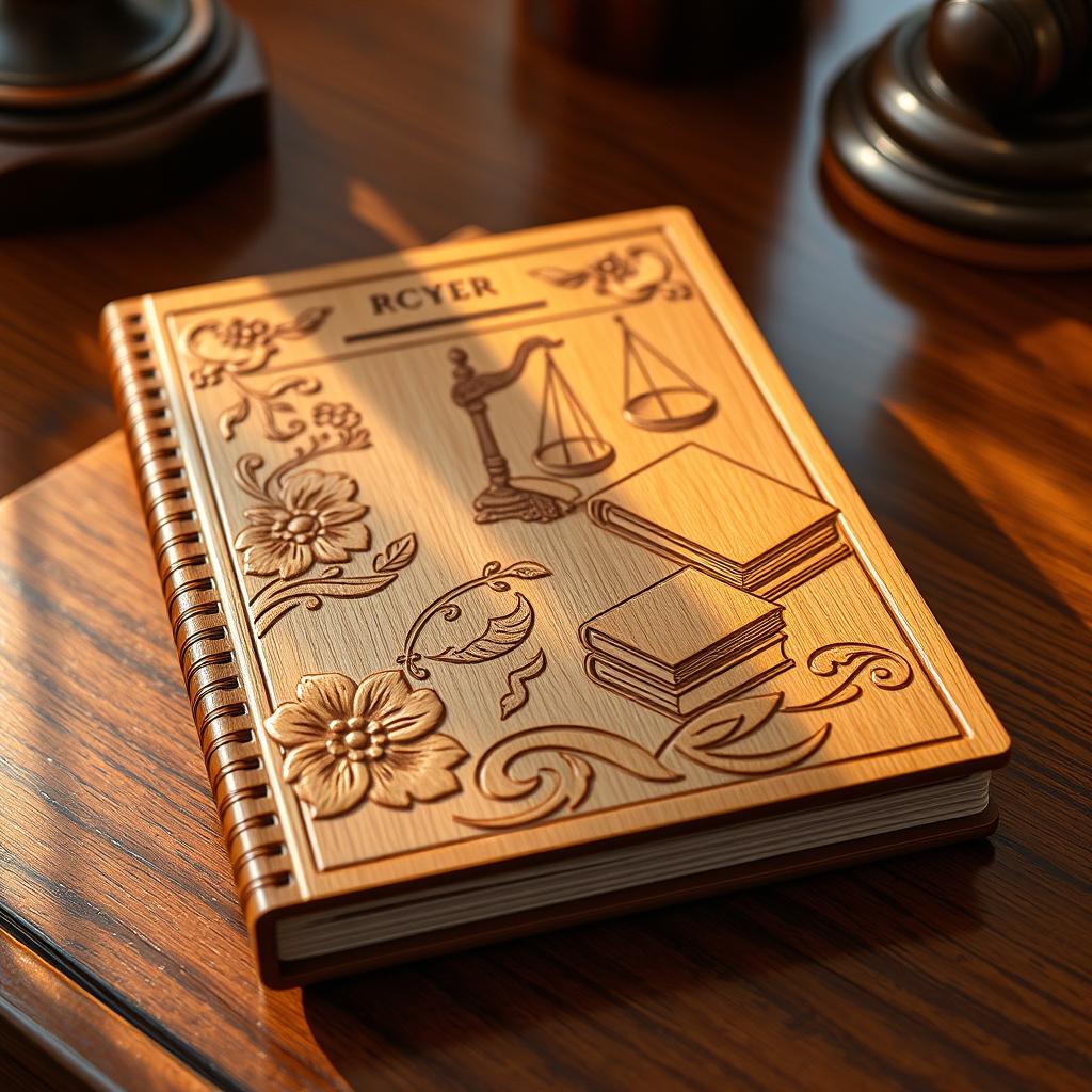 A beautifully crafted wooden notebook, intricately carved with designs related to the profession of lawyering