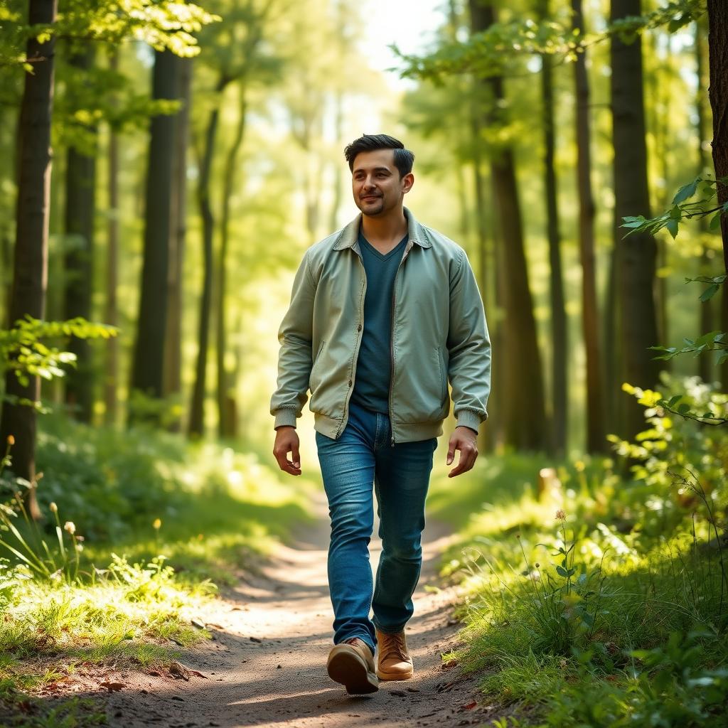 A 47-year-old man with a normal figure, short dark hair, and a round shaved face, walking gracefully through a serene forest setting