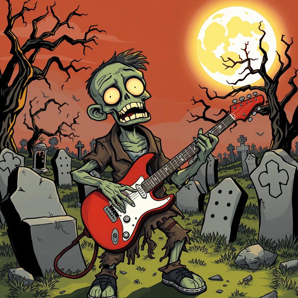 A 2D vintage-style illustration of a zombie playing an electric guitar, surrounded by a spooky cemetery