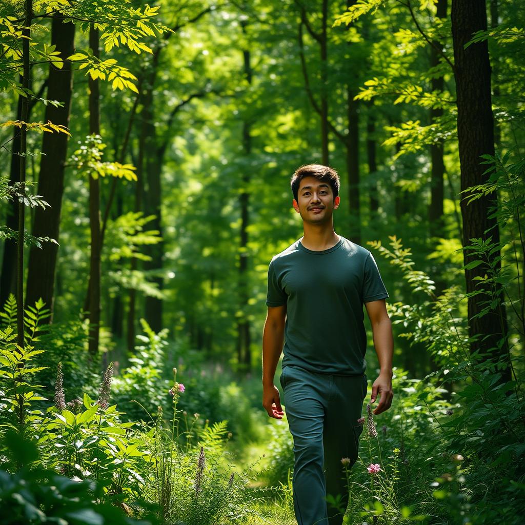 A 47-year-old man with a normal figure, short dark hair, and a round shaved face walking through a lush green forest