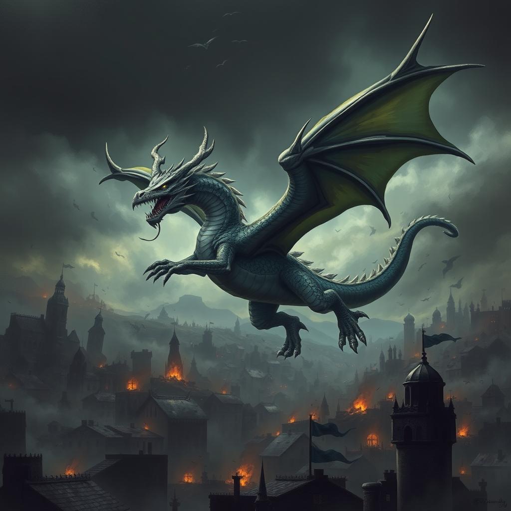 A Ukrainian warrior depicted as a dragon, fierce and powerful, soaring above a dark, crumbling city in the background
