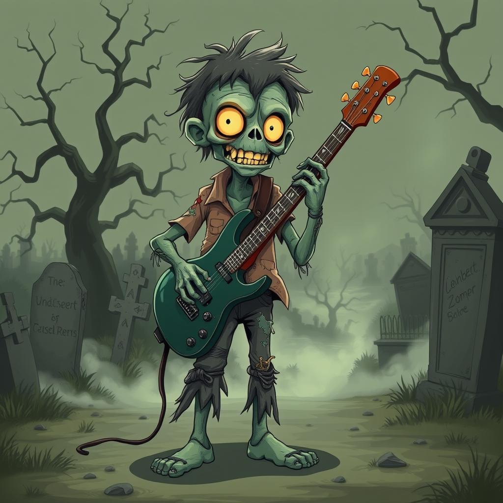 A 2D vintage-style zombie character, sporting a shabby outfit with visible rips and stains, holding a shiny electric guitar confidently
