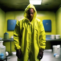 A vivid image of Jesse Pinkman from Breaking Bad, dressed in a yellow hazmat suit, standing in a meth lab