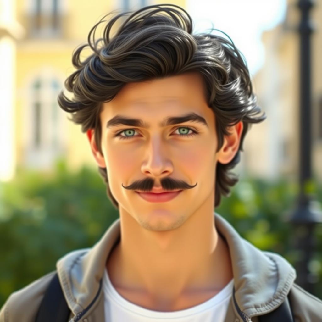 A charming young French man with wavy black hair and a stylish French mustache