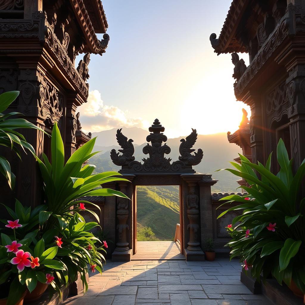A breathtaking view of the entrance of a Balinese-style architecture in the Philippines, showcasing intricate wooden carvings and traditional stone gateways