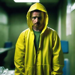 A vivid image of Jesse Pinkman from Breaking Bad, dressed in a yellow hazmat suit, standing in a meth lab