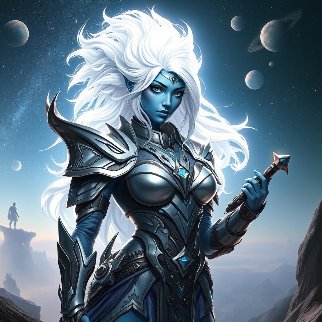 A stunning female avatar, inspired by a blend of fantasy and sci-fi elements, featuring vibrant blue skin and luminous, glowing white hair