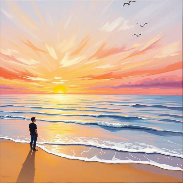 A dreamy painting of a beach horizon at sunset, featuring swirling colors of orange, pink, and purple in the sky