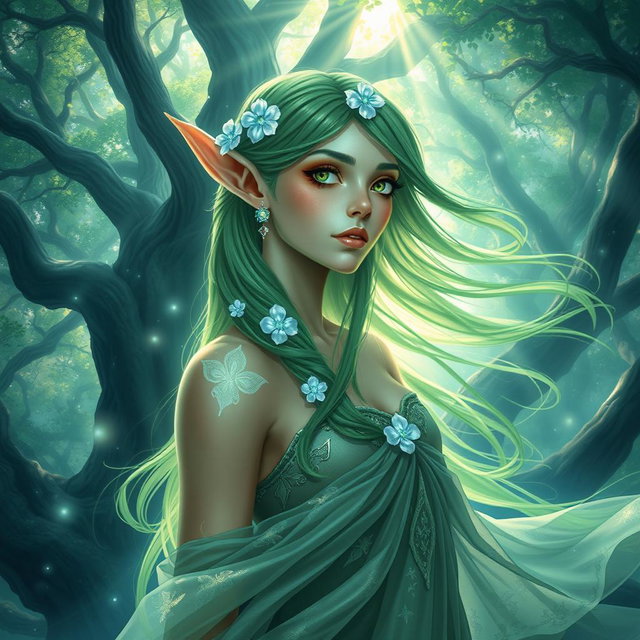A serene and enchanting Eladrin elf in a magical forest, showcasing intricate, ethereal features