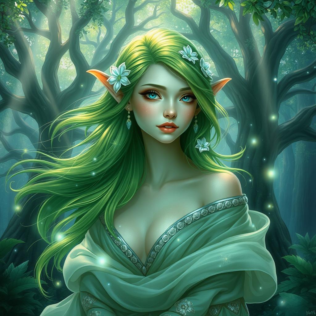 A serene and enchanting Eladrin elf in a magical forest, showcasing intricate, ethereal features