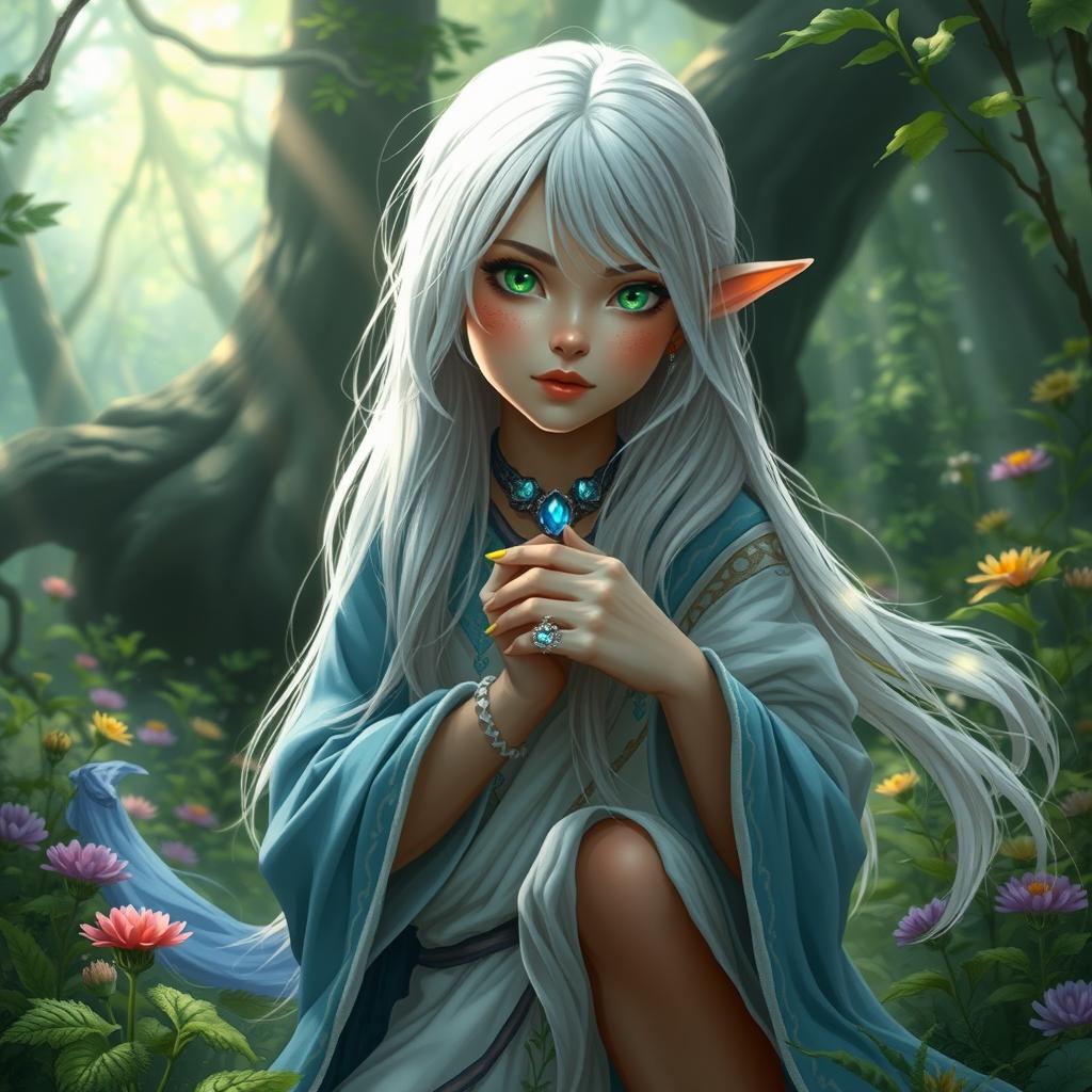 A young, short Eladrin in a mystical forest setting, featuring long white hair cascading down to her knees