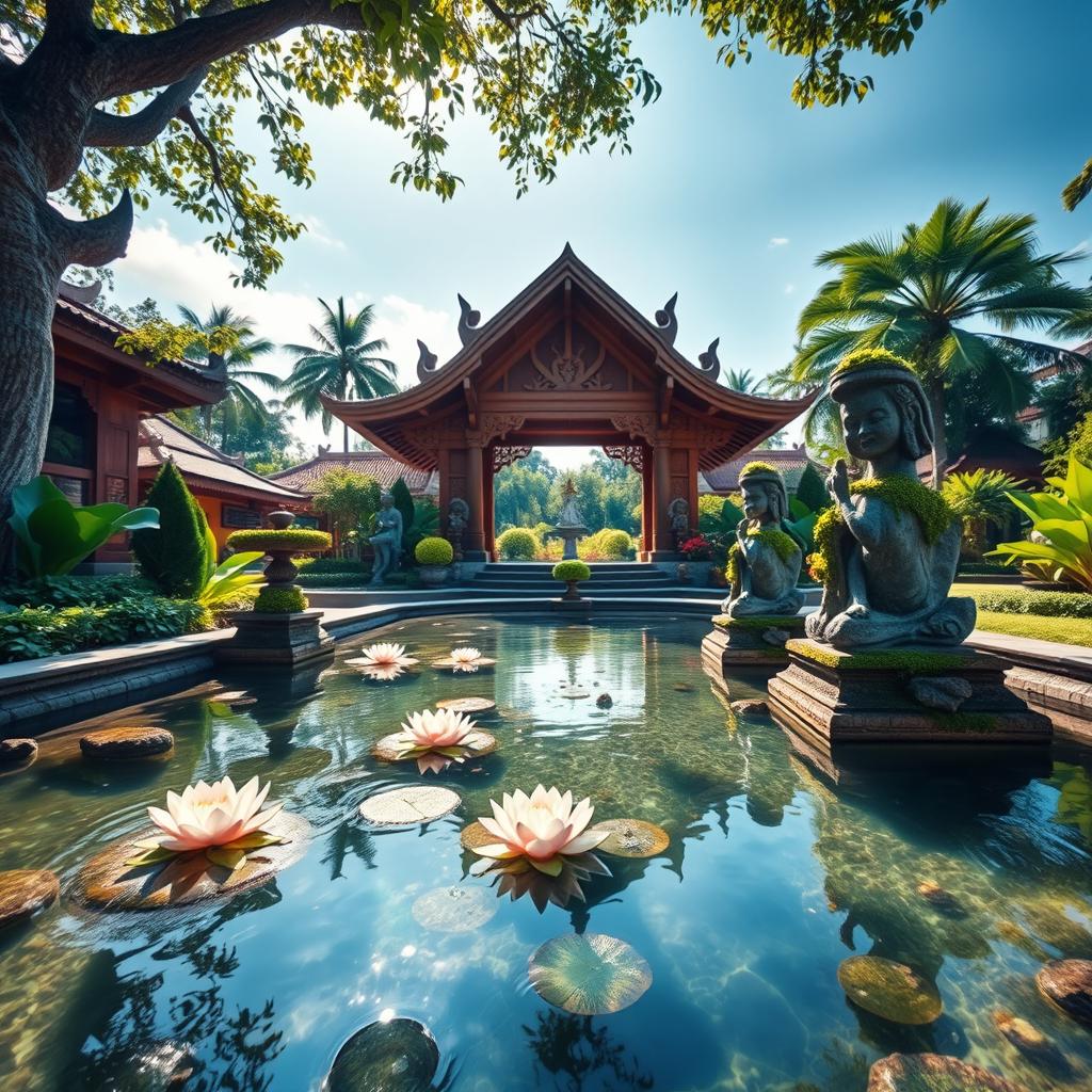 A beautiful perspective of a water feature in a park featuring stunning Balinese themed architecture