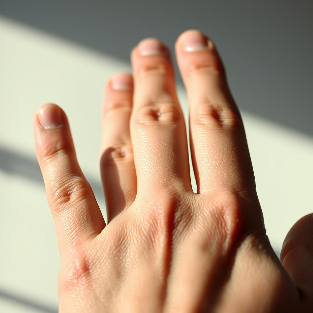 A close-up image of a human hand, displaying intricate details of the skin texture, visible fingerprints, and natural lighting that highlights the unique features of the hand